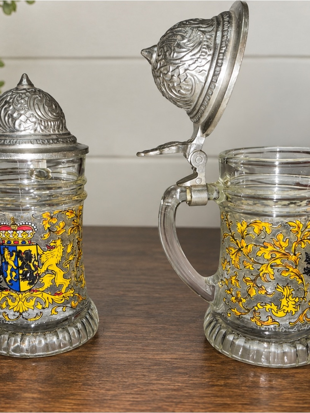 Set of 2 Vintage German Glass Mini Beer Steins Schnapskrüge Heraldic Pewter Lids